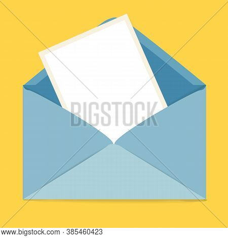 Empty White Postcard In A Blue Envelope On A Yellow Background. Tepmlate, Vector Illustration.