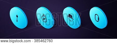 Set Isometric Carabiner, Camping Hat, Compass And Marshmallow On Stick Icon. Vector