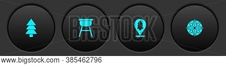 Set Tree, Barbecue Grill, Location Of The Forest And Wind Rose Icon. Vector