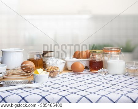 Selective Focus.cooking Breakfast Food Or Bakery With Ingredient And Copy Space Of Tablecloth In Kit