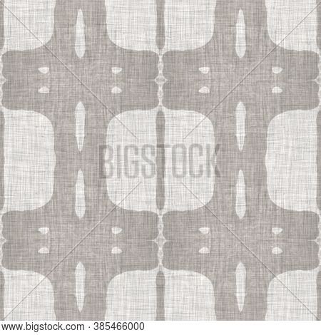 French Woven Linen Texture Geometric Shape Background. Old Ecru Flax Grey Geo Motif Seamless Pattern