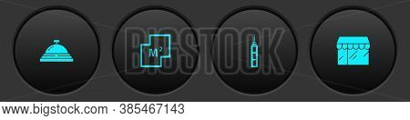 Set Hotel Service Bell, House Plan, Skyscraper And Market Store Icon. Vector