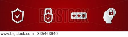 Set Shield With Check Mark, Lock And, Password Protection And Human Head Lock Icon. Vector