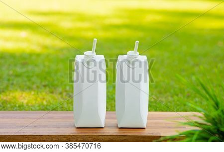 Fruit And Vegetables Drink Concepts With Set Of Assortment  Bottle On Wood Table In Garden Morning B