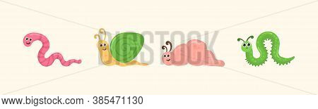 Cute Cartoon Bug Worm Funny Doodle Character In Flat Design. Set Of Kawaii Insect Isolated On White 