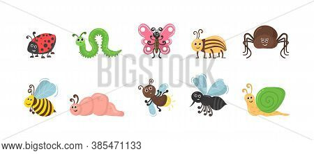 Cute Cartoon Bug Worm Funny Doodle Character In Flat Design. Set Of Kawaii Insect Isolated On White 
