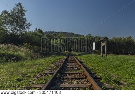 Narrow Gauge Railway Near Krzywe Station In Poland Mountains In Summer Evening