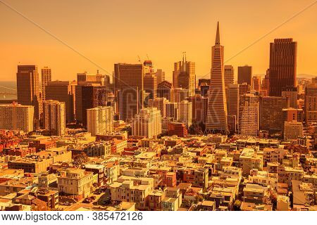 Smoky Orange Sky Of San Francisco Skyline. California Fires In September 2020 In United States. Wild