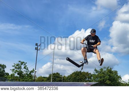 Scooter Sport, Freestyle Scootering, Young People In A Skate Park, Stunt Scooters, Russia, Kaliningr