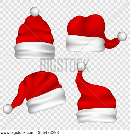 Christmas Santa Claus Hats With Fur Set. New Year Red Hat Isolated.  Vector Santa Claus Hat Colllect