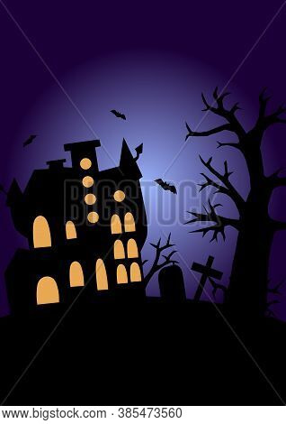 Halloween Poster With Castle And Tree, Bats Black Silhouettes On Dark Blue Background, Stock Vector 