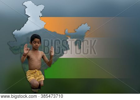 Map Of India With Indian Flag Shows Young Indian Cute Kid Meditating Wearing A Dhoti