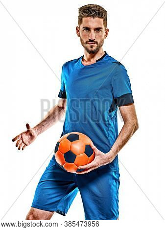 one caucasian youg soccer player man standing in studio isolated on white background