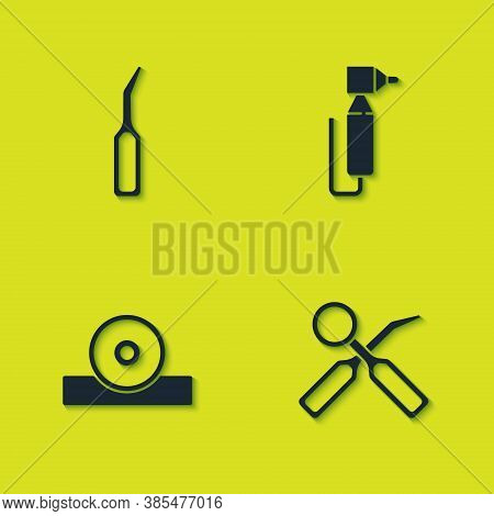 Set Dental Explorer Scaler, Inspection Mirror, Otolaryngological Head Reflector And Tooth Drill Icon
