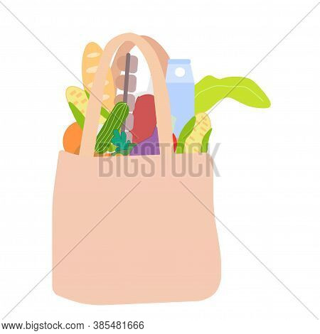 Cotton Bag Filled With Vegetables And Products, A Vector Graphics