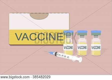 Packaging Of A Medicine With The Inscription Vaccine And Three Vials For Injections With A Light Yel
