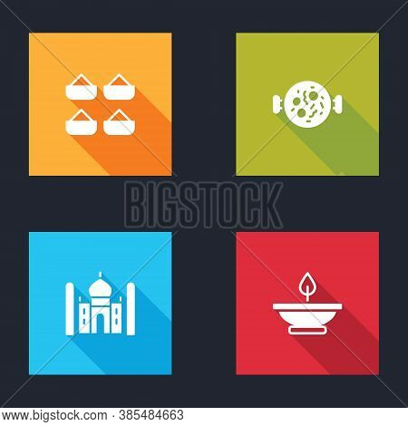 Set Indian , Chicken Tikka Masala, Taj Mahal And Aroma Lamp Icon. Vector