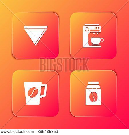Set Coffee Paper Filter, Machine, Cup And Bag Coffee Beans Icon. Vector