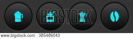 Set French Press, Manual Coffee Grinder, Coffee Moca Pot And Beans Icon. Vector
