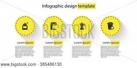 Set Manual Coffee Grinder, Coffee Machine, Moca Pot And Cup To Go. Business Infographic Template. Ve