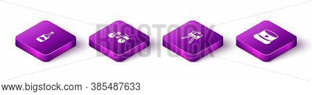 Set Isometric Bottles Of Wine, Bicycle, Easel Or Painting Art Boards And Kepi Icon. Vector