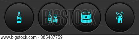 Set Bottles Of Wine, Wine Bottle With Cheese, Kepi And Windmill Icon. Vector