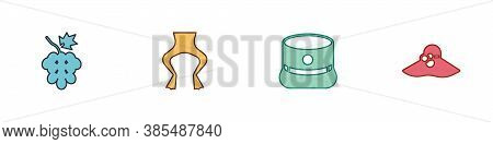 Set Grape Fruit, Frog Legs, Kepi And Elegant Women Hat Icon. Vector