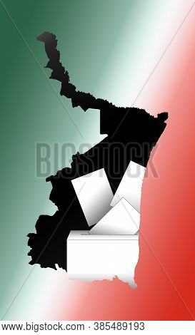 Illustration Of Voting Papers And A Ballot Box With The Map Of The State Of Tamaulipas