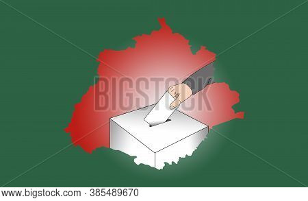 Hand Casting A Vote In A Ballot Box, With A Map Of The State Of Aguascalientes