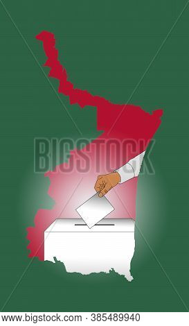 Hand Casting A Vote In A Ballot Box, With A Map Of The State Of Tamaulipas
