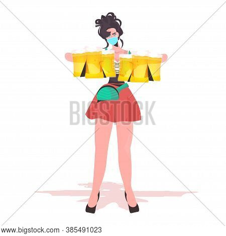 Woman Holding Beer Mugs Oktoberfest Party Festival Celebration Waitress Wearing Mask To Prevent Coro