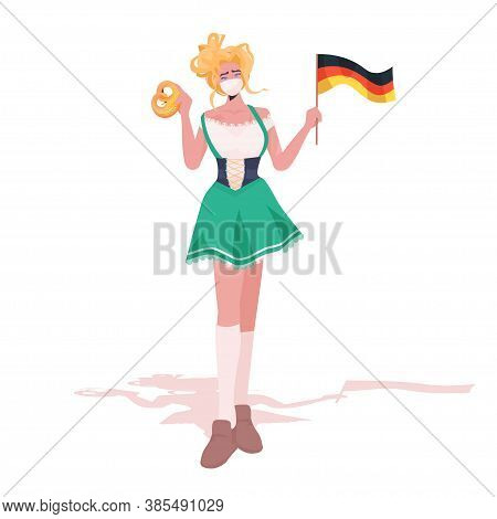 Woman Holding Salty Pretzel And Flag Oktoberfest Party Celebration Waitress Wearing Mask To Prevent 