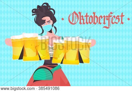 Woman Holding Beer Mugs Oktoberfest Party Festival Celebration Waitress Wearing Mask To Prevent Coro
