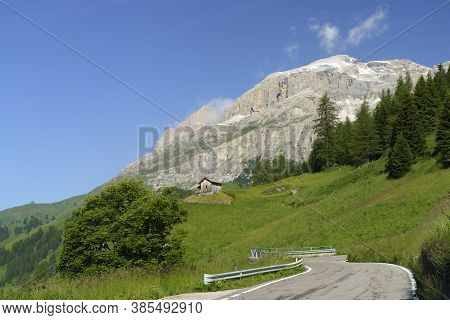 Mountain Landscape At Summer Along The Road To Campolongo Pass, Dolomites, Belluno Province, Veneto,
