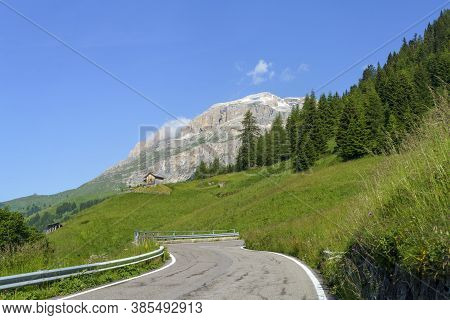 Mountain Landscape At Summer Along The Road To Campolongo Pass, Dolomites, Belluno Province, Veneto,