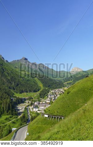 Mountain Landscape At Summer Along The Road To Campolongo Pass, Dolomites, Belluno Province, Veneto,