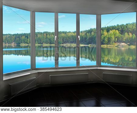 Room With Big Window In Room With Panoramic View To Forest Lake. Landscape With Lake In Forest. Pano