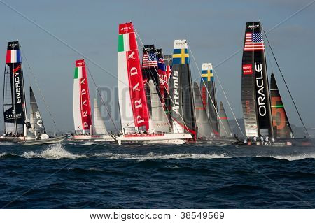 SAN FRANCISCO, CA - OCTOBER 4: The America's Cup World Series sailing fleet races in San Francisco, CA on October 4, 2012