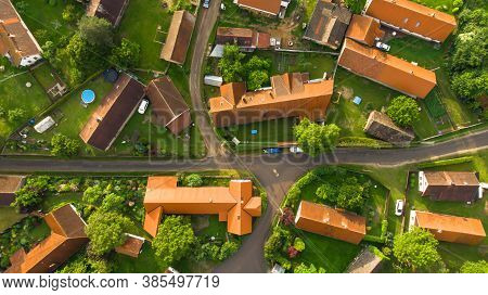 Aerial View Of A Small Village.top View Of Traditional Housing Estate In Czech. Looking Straight Dow