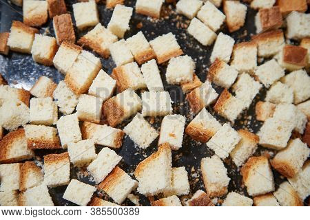 Square Toasted Pieces Of Homemade Delicious Rusk, Hardtack, Dryasdust, Zwieback On A Baking Sheet.
