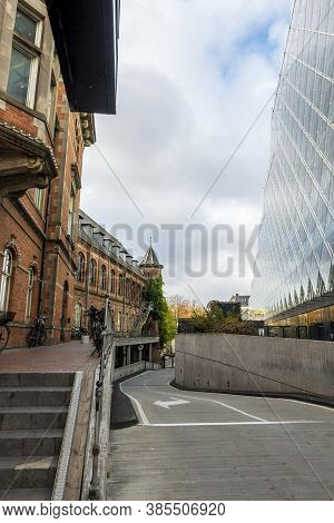 Copenhagen, Denmark - Oct 18, 2018: Lane Between The Old Tivoli Gardens And The New Industriens Hus 