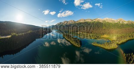 Beautiful, Serene Panoramic Mountain And Island Lake View On A Summer Day. Aerial Shot Near Pine Le 