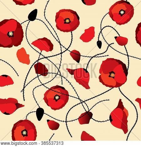 Seamless Vector Pattern With Poppy. Onament With Red Poppy.