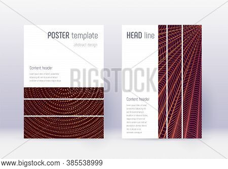 Geometric Cover Design Template Set. Orange Abstract Lines On Wine Red Background. Bewitching Cover 