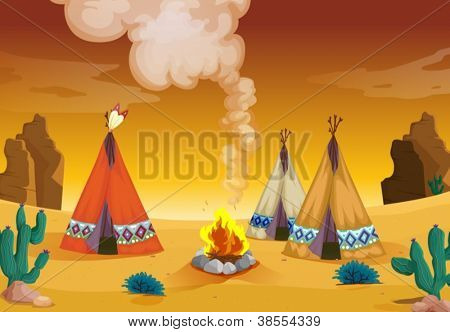 Zelt-Haus und Feuer in einer Wüste