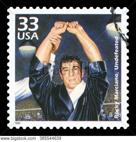 United States Of America, Circa 1999: A Postage Stamp Printed In Usa Showing An Image Of Boxer Rocky