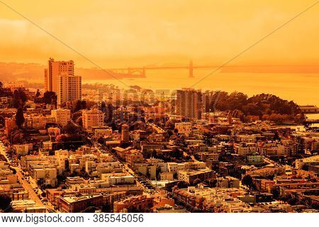 Foggy Orange Sky Of San Francisco Skyline. California Fires In United States Of America. Composition