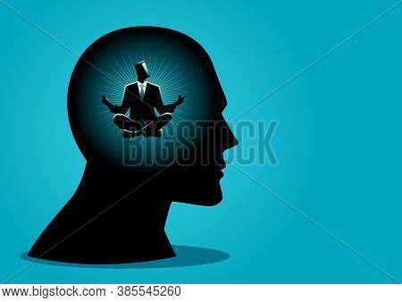 Vector Illustration Of A Businessman In Human Head Doing Yoga Pose. Peaceful Mind, Calm Concept