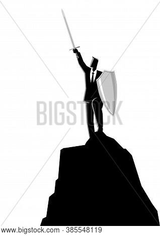 Business Concept Vector Illustration Of A Businessman Raising A Sword And Shield On Top Of Rock, Vic