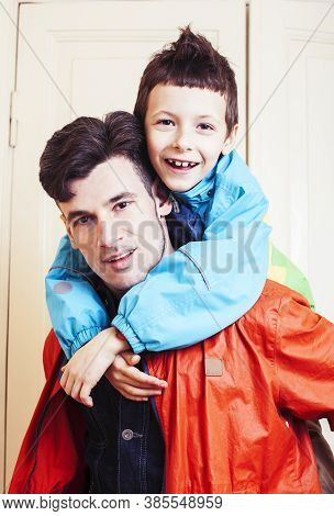 Faher And Son Together Having Fun At Home, Lifestyle Happy Family, People At Home